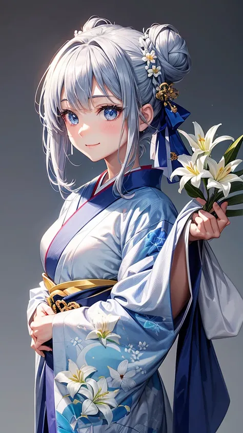 Anime character, half body only, upper body only, half body portrait, posing like a model, good looking, beautiful, full of details, aesthetic, hd, masterpiece art, amazing work. Solo, young girl, hair in bun, one bun, just one bun, flower accessories in b...