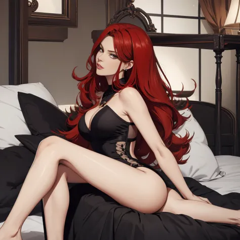 arafed photo of a woman in a black dress sitting on a bed, ((RED HAIR ))glamour pose, olga buzova, sexy pose, elegant seducing pose, sexy dominant pose, glamorous pose, very sexy pose, seductive lady, glamour photography, claudia schiffer, attractive pose,...