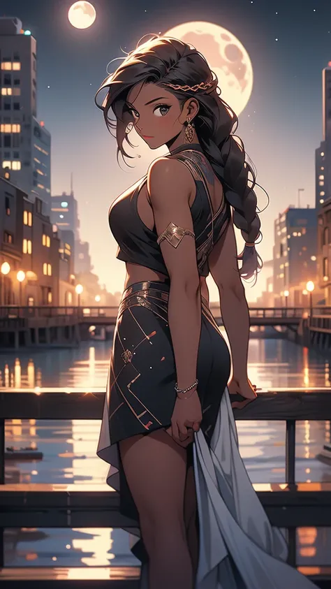 a woman with a braid standing on a pier looking at the river, 1girl, solo, braid, long hair, night, dark-skinned female, moon, dark skin, cityscape, city lights,HoloDayo XL