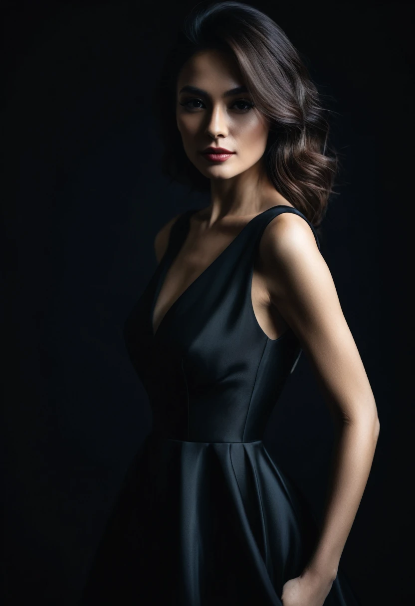 dark shot, film grain, A close up of a woman in a beautiful black dress and a black background, ultra clear, high quality