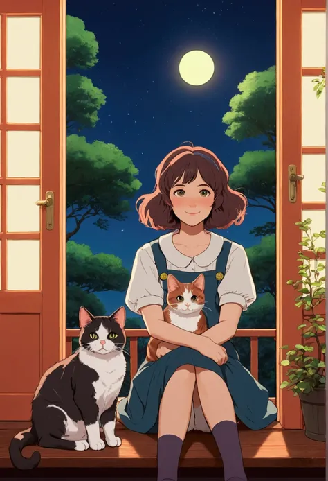 2D cat lady is cute,LOFI,Highest quality,High resolution,Anime Style,Like Ghibli,Its like a movie