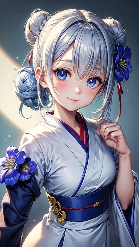 Anime character, half body only, upper body only, half body portrait, posing like a model, good looking, beautiful, full of details, aesthetic, hd, masterpiece art, amazing work. Solo, young girl, hair in bun, one bun, just one bun, flower accessories in b...