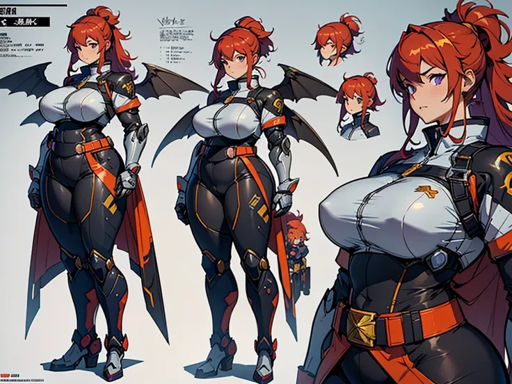 Close-up of a plump woman in a mecha bodysuit, ((character concept art)), ((character design sheet, same character, front, side, back)) character art of maple story, video game character design, video game character design, maple story plump girl, girl wea...