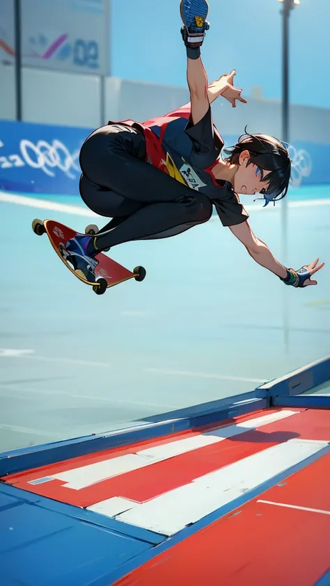 Competing in skateboarding at the Olympics。