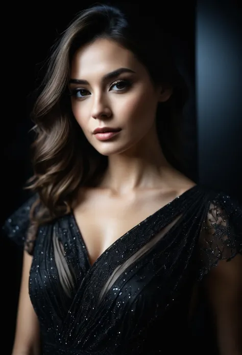 dark shot, film grain, A close up of a woman in a beautiful black dress and a black background, ultra clear, high quality