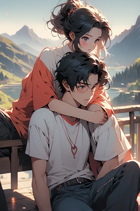 anime art with the word love underneath the woman sitting on her boyfriends shoulder, 1girl, 1boy, black hair, mountain, pants