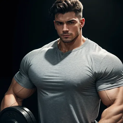 a young and very handsome man, gray shirt, extremely handsome, very muscular, with very large muscles, defined and muscular body, lifting weights in the gym, on a black background