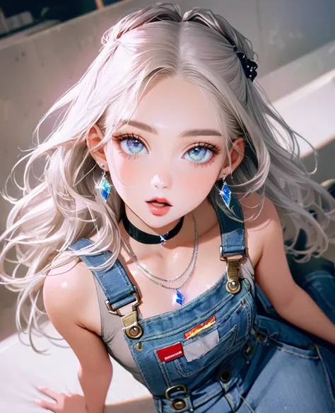 8K,gal，an extremely delicate and beautiful,Beautiful and realistic skin,Shiny jewel-like earrings,Shine like glitter long silver hair,beautiful eyes,Fashion Model,full body,overalls,hair scrunchie