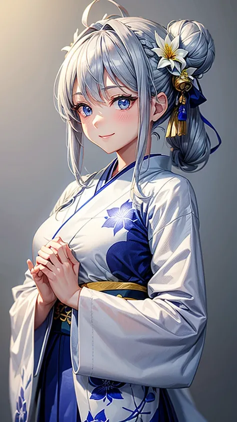 Anime character, half body only, upper body only, half body portrait, posing like a model, good looking, beautiful, full of details, aesthetic, hd, masterpiece art, amazing work. Solo, young girl, hair in bun, one bun, just one bun, flower accessories in b...