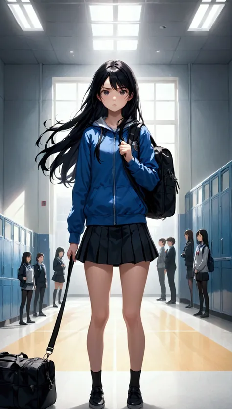 In school, a girl, front-facing, long black hair, black short skirt, duffel bag, Jumpy, abusive, super verbose, 4K