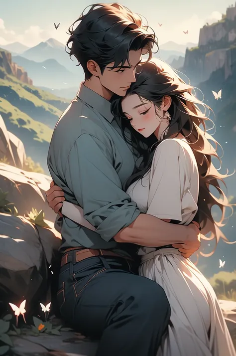 a man hugging another that is sitting on top of a rock in front of a mountain with a butterfly flying above, 1girl, 1boy, black hair, mountain, pants