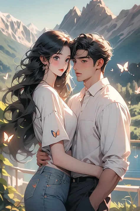 a young couple with a butterfly on their faces next to a mountain, 1girl, 1boy, black hair, mountain, pants