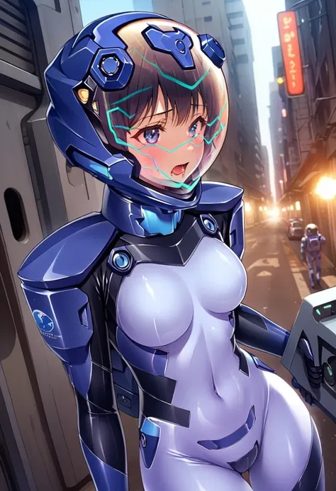 short hair, street, emo, BLACK hair, white eyes, eyeliner, apocalypse, (astronaut, girl, road, city, fortified suit, ((blue:1.5) plugsuit), short hair, outdoors, cinematic light, medium breasts, covered navel, space helmet, muvluv, space helm, eva helmet,[...