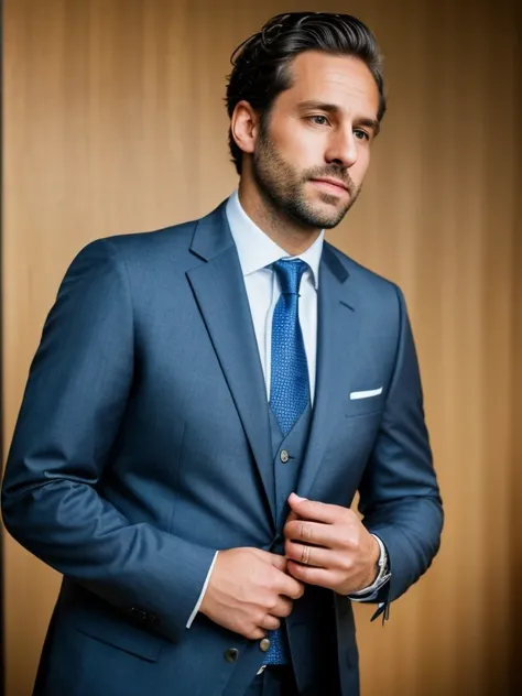 A man in his early thirties, wearing a suit, looking directly at the camera, hands in pocket, in a very elegant demeanour, office background, natural and realistic face. 