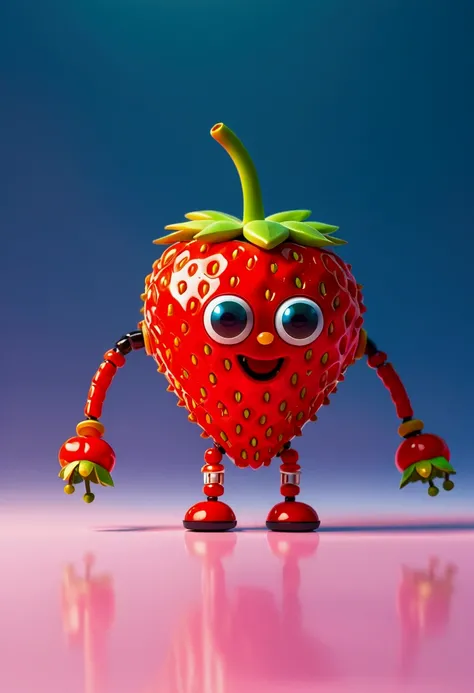 Visualize a tiny robot exhibiting the characteristics of a strawberry. It features shades of rich, intense red and is equipped with minuscule seed-like sensors. The robots body is shaped to mimic a plump, succulent strawberry, having a round and gently hea...