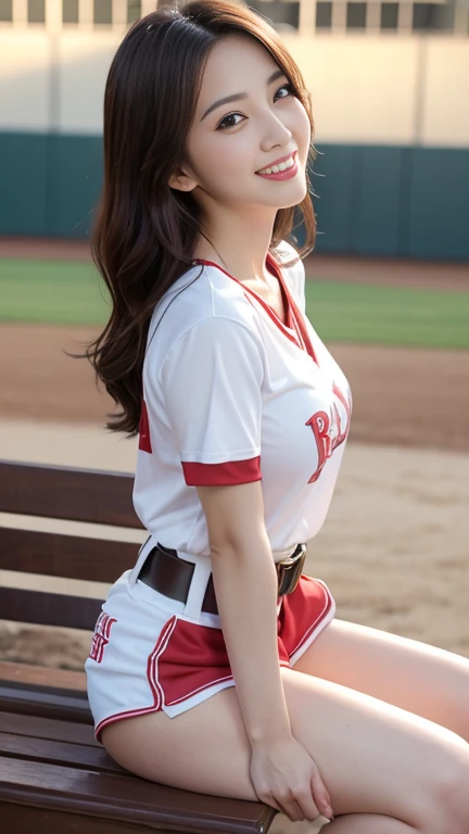 1 girl、(Age 27)、(Highest quality), Realistic, Very detailed, finely, High resolution, (8k), One beautiful woman, (Starry Sky Baseball Stadium)、(Taiwan Rakuten Cheerleaders),(A white T-shirt with a red Rakuten logo))、((Red Belt))、（(White shorts）)、（(From the...