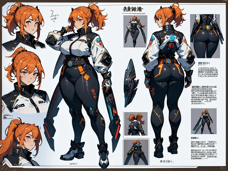 Close-up of a plump woman in a mecha bodysuit, ((character concept art)), ((character design sheet, same character, front, side, back)) character art of maple story, video game character design, video game character design, maple story plump girl, big bust...