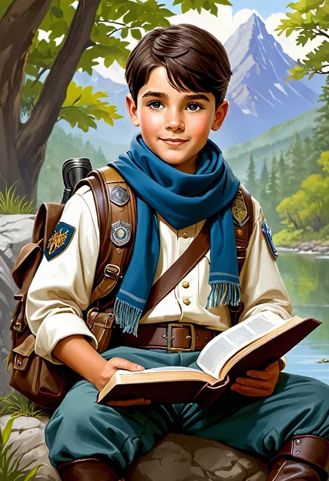 I would like to request a specific illustration. I want a boy dressed in full Pathfinder outfit, including all typical elements such as the uniform, scarf and badges. he must be sitting, with a comfortable and attentive posture, as if you were immersed in ...