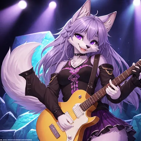 Masterpiece, best quality, high quality, 1Wolf anthro girl, 21 years old, pretty face, has Brown fur, has Purple eyes, wears a rock band outfit clothes, anatomically correct, playing on a Blue Rock guitar, has OneBlue Rock guitar on her hands, in the stage...