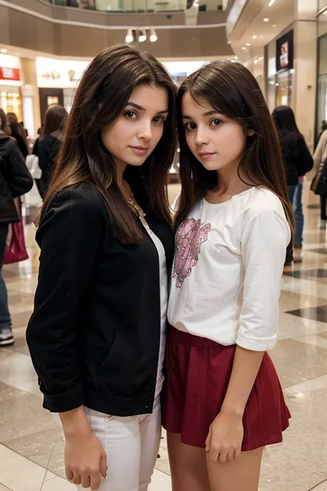 Create an image of mother and daughter at the mall. The mother must be around 44 years old, with extremely short dark hair, and the daughter must be around 8 years old, and long lighter hair, but within the same color. The relationship between the two must...