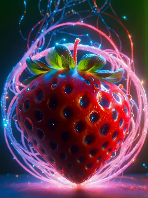 a red strawberry split in half，capture stunning details with a macro lens，the strawberry is encased in a radiating toroidal fiel...