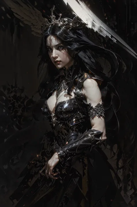 a beautiful dark angel woman, long black hair, pale white skin, holding a majestic sword, dark angel wings spreading behind her,...