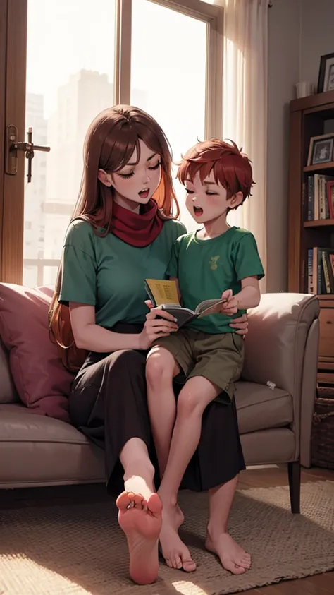 1 girl、1boy、foot、pantyhose、book、brown hair、heterosexuality、foot、long hair、boy、green shirt、sitting、mother and son、shorts、shirt、sc...