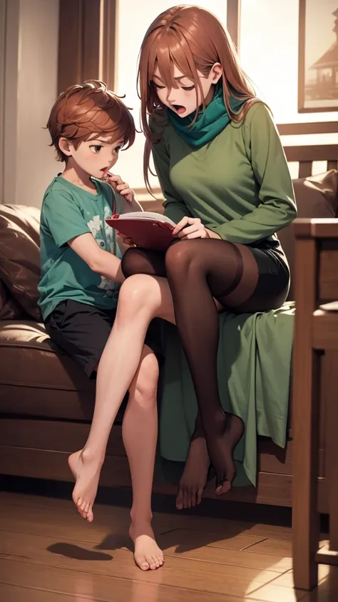 1 girl、1boy、foot、pantyhose、book、brown hair、heterosexuality、foot、long hair、boy、green shirt、sitting、mother and son、shorts、shirt、sc...