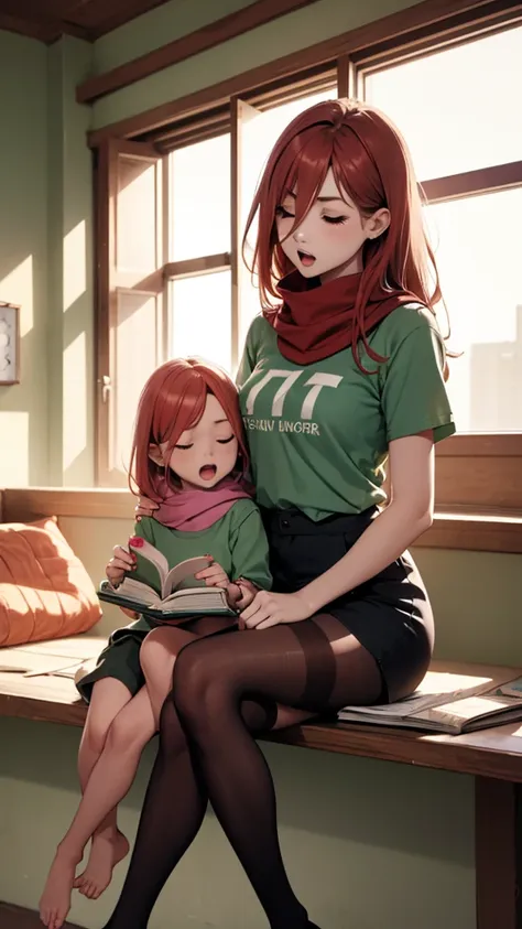 1 girl、1givesl、foot、pantyhose、book、dark red hair、heterosexuality、foot、long hair、gives、green shirt、sitting、mother and daughter、sh...