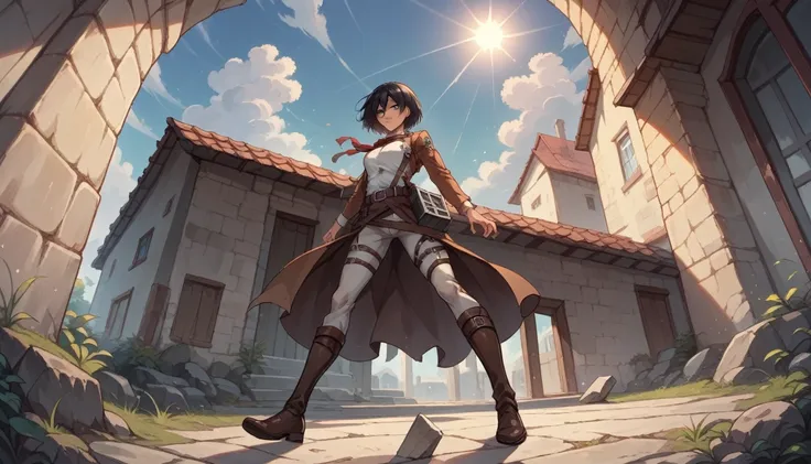 Mikasa Ackerman from attack on titan , pale skin,a tattoo on a outside of right wrist, a small scar below right eye, full body, wears the original Survey Corps uniform boobs are glittering in the sun light, slim figure, shaggy black hair, gray eyes, on a b...