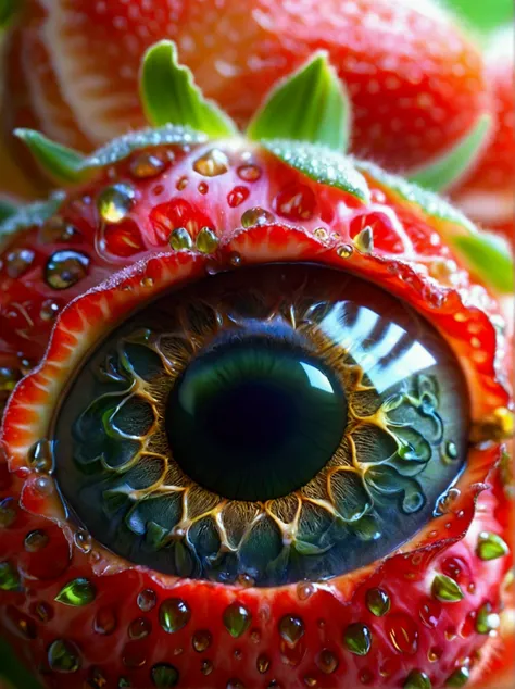 macro view of the eye is strikingly similar to the natural beauty of a strawberry，the intricate details of the iris appear simil...