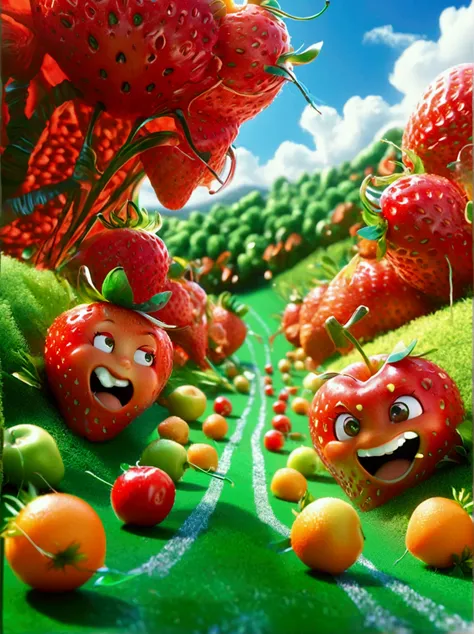 a humorous illustration depicting the concept of competition。a red strawberry and a green apple rolled down the hill，running lik...