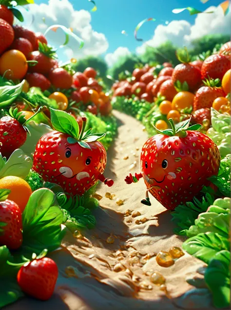 a humorous illustration depicting the concept of competition。a red strawberry and a green apple rolled down the hill，running lik...