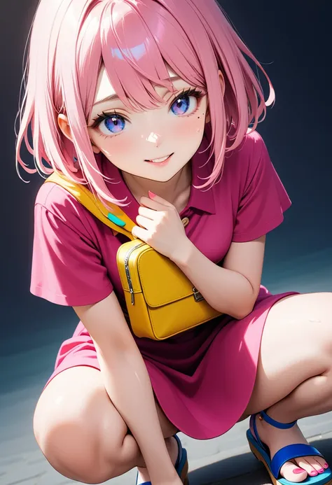 (1 girl),(Best Picture Quality, 8K, Masterpiece:1.3), (high school student:1.5), ((pink lob hair:1.1)), (bob cut),(swept bangs), (cute eyes, pupil black, iris skyblue, youthful face), (mole under right eye), (standard weight), (small breasts), (glistening ...