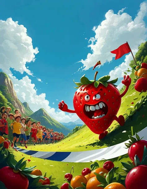 a humorous illustration depicting the concept of competition。a red strawberry and a green apple rolled down the hill，running lik...