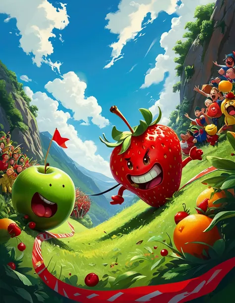 a humorous illustration depicting the concept of competition。a red strawberry and a green apple rolled down the hill，running lik...