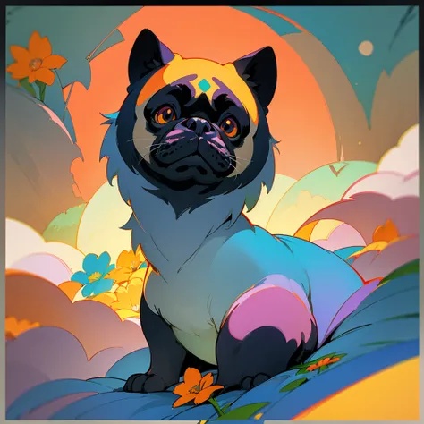 STICKER, A detailed illustration a print of vivid cute Black Pug head, fantasy flowers splash, vintage t-shirt design, in the style of Studio Ghibli, white and orange flora pastel tetradic colors, 3D vector art, cute and quirky, fantasy art, watercolor eff...