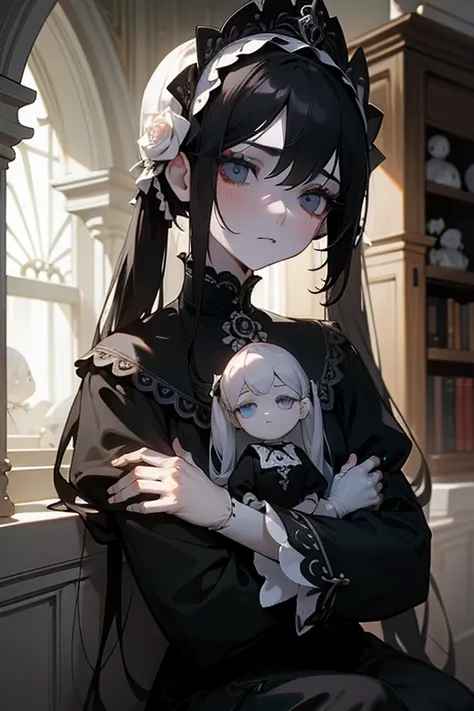 1porcelain doll, low twintails with white rose, black hair, detailed face, ((emotionless expression)), ((lifeless)), plain white skin, plain white eyes, long eyelashes, (gaze down), black eye liner, white face makeup, gray lipstick, black dress, (white orn...