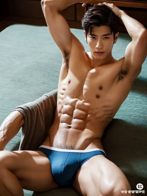 Korean handsome model, shirtless, sexy briefs, lifted arms, sitting, spread legs, muscular, tattoo