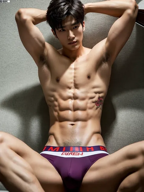 Korean handsome model, shirtless, sexy briefs, lifted arms, sitting, spread legs, muscular, tattoo