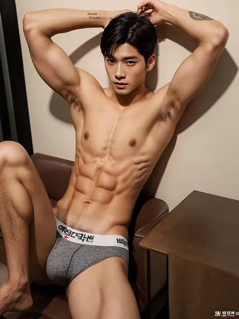 Korean handsome model, shirtless, sexy briefs, lifted arms, sitting, spread legs, muscular, tattoo