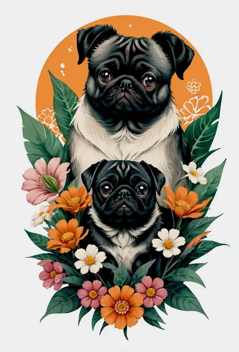 STICKER, A detailed illustration a print of vivid cute Black Pug head, fantasy flowers splash, vintage t-shirt design, in the style of Studio Ghibli, white and orange flora pastel tetradic colors, 3D vector art, cute and quirky, fantasy art, watercolor eff...