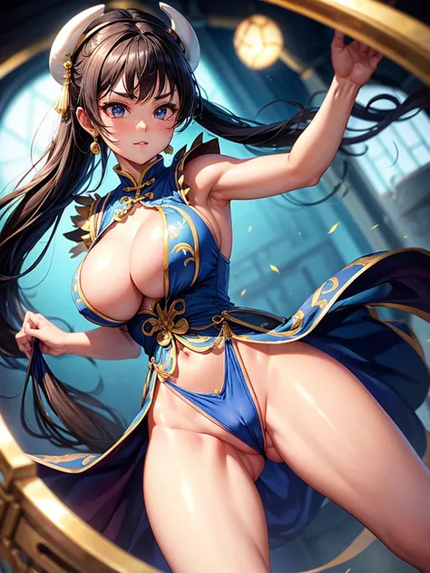 girl, Chunli, Sensual, Big thighs, Hard nipples, Thick eyebrows, Big Ass, Large waist, Large Breasts, High-cut Chinese dress, Crotch bite, sexy, masterpiece,Nipples are visible、Open Leg、Bare chest