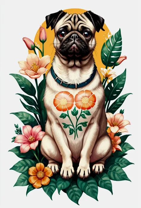 STICKER, A detailed illustration a print of vivid cute  Pug head, fantasy flowers splash, vintage t-shirt design, in the style of Studio Ghibli, white and orange flora pastel tetradic colors, 3D vector art, cute and quirky, fantasy art, watercolor effect, ...