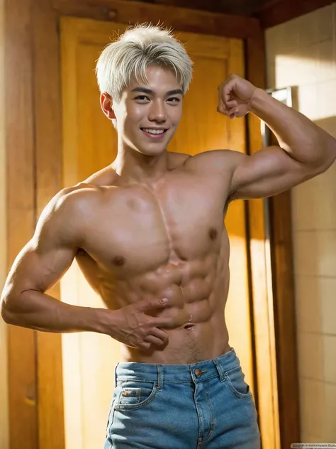 ((masterpiece)), ((best quality)), ((high resolution)), ((Detailed background)), ((Extremely detailed CG unified 8k wallpaper)), alone, Young men,white hair,short hair,Smile,thin waist，6-pack abs，sexly pectoral muscles,sexly, Thin stature,detailed body, Th...