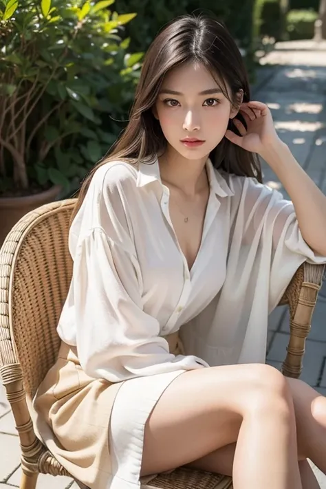 Very beautiful Japanese woman、Around 20 years old、layered cut、Sitting on a wicker chair、Crossing your legs、Scornful expression、My skin is shining with sweat、The breeze is stirring my hair、stylish、A stylish white blouse and a short beige skirt、Afternoon ter...