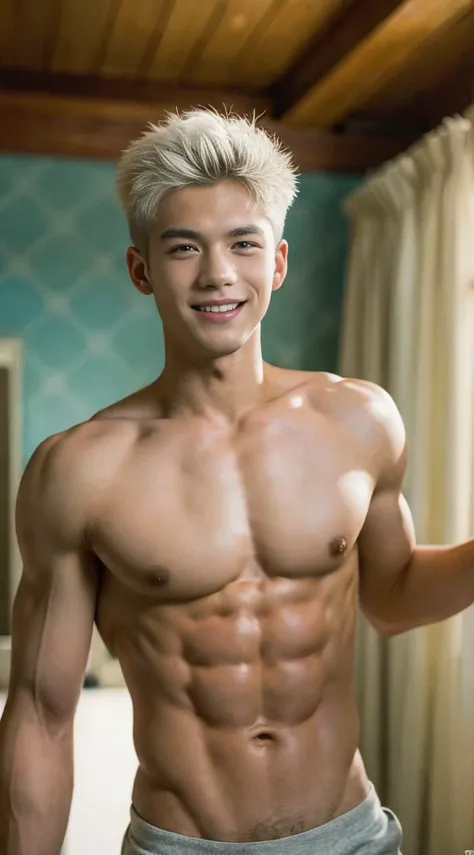 ((masterpiece)), ((best quality)), ((high resolution)), ((Detailed background)), ((Extremely detailed CG unified 8k wallpaper)), alone, Young men,white hair,short hair,Smile,thin waist，6-pack abs，sexly pectoral muscles,sexly, Thin stature,detailed body, Th...