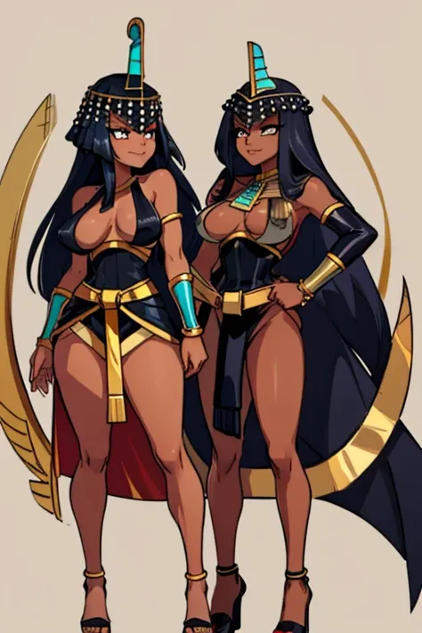 female, black long hair, red eyes, dark skin, (((1girl))), (((black and gold Egyptian dress))), (gold heeled sandals), (gold headdress), (gold jewelry), cute and sexy, full body, large breasts, large butt, long legs, smiling, standing