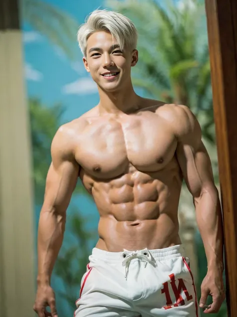 ((masterpiece)), ((best quality)), ((high resolution)), ((Detailed background)), ((Extremely detailed CG unified 8k wallpaper)), alone, Young men,white hair,short hair,Smile,thin waist，6-pack abs，sexly pectoral muscles,sexly, Thin stature,detailed body, Th...