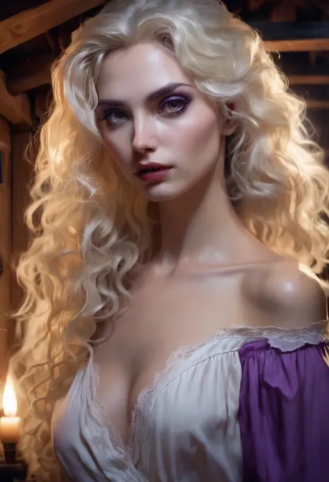 1 woman, she is a vampire, inside a wooden house at night, wearing a white nightgown, detailed facial features, feminine purple eyes, pointy ears, detailed white skin, long curly light blonde hair, dramatic lighting, cinematic composition, dark palette, da...